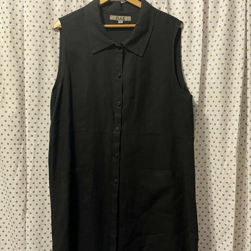 NWOT NEW FLAX WOMEN'S 100% LINEN BUTTON-DOWN SHIRT DRESS FRONT POCKETS LARGE LG